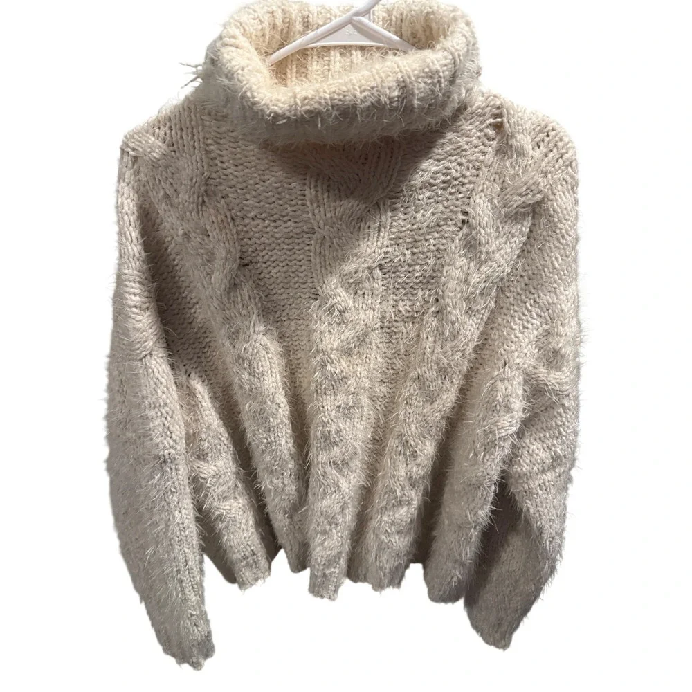 Sage The Label Cream Cable Knit Fuzzy Turtleneck Sweater Large